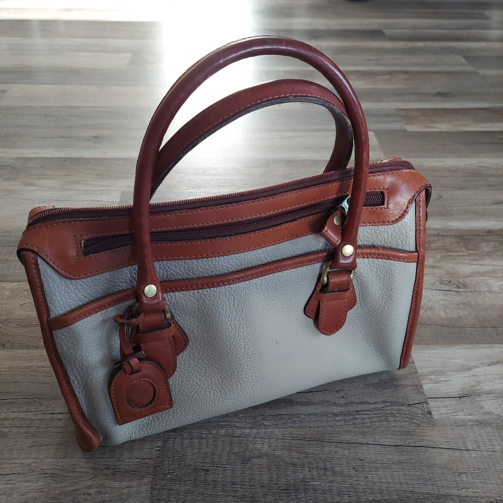 90s Vintage Liz Claiborne Handbag Top Handle Purse Brown on Tan Pebbled Leather